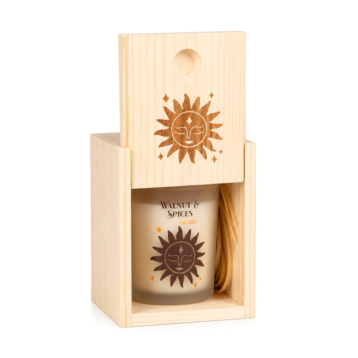 Candela in box legno "Noci & Spezie" 70g