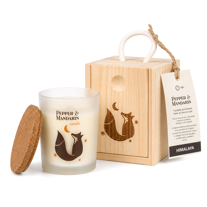Candela in box legno "Pepe & Mandarino" 70g
