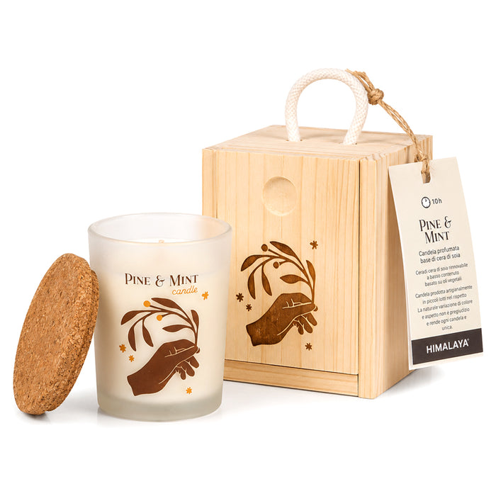 Candela in box legno "Pino e Menta" 70g