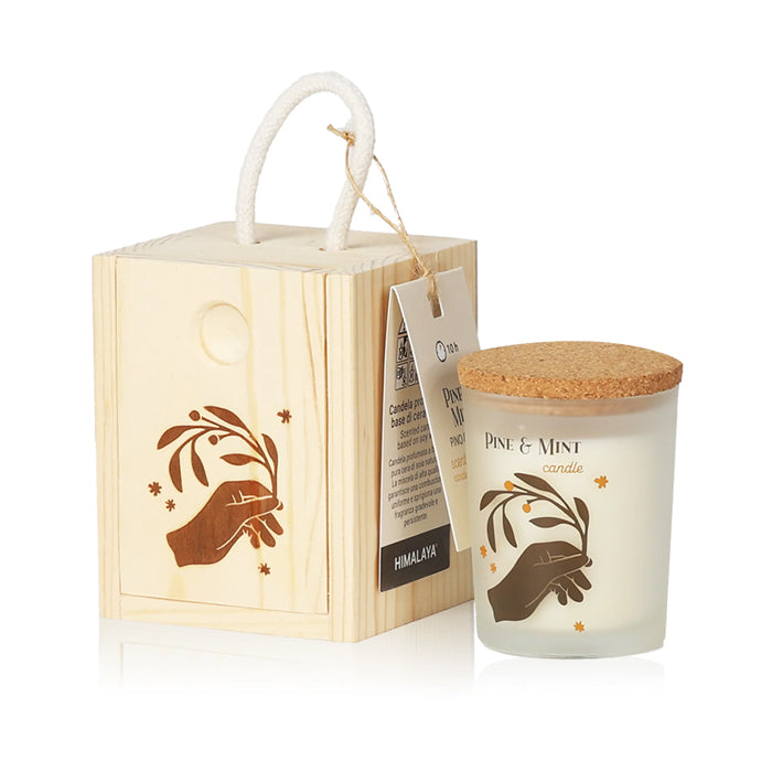 Candela Pino e Menta in box legno 70g